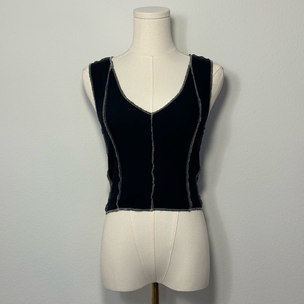 Vero Moda Black Ribbed V-Neck Tank Top White Stitching Details Women’s XXS